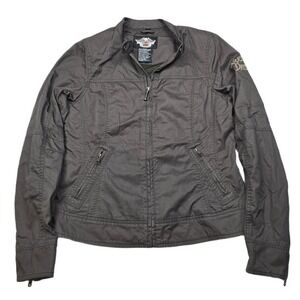 Harley Davidson Motorcycle Jacket Women Small Tall Green Cotton Embroidered Rose